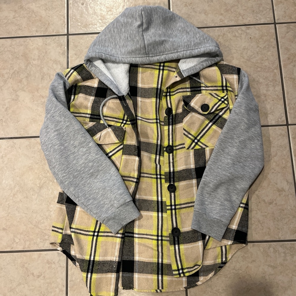 Plaid Hooded Women’s Shirt with Gray Sleeves